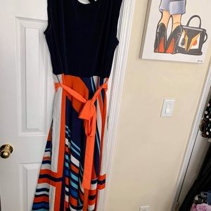 Navy blue, orange and white long flowing dress.